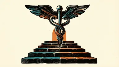 Humana's 2028 earnings commitment: a medical caduceus symbol on a firm foundation with ascending steps leading toward a distant archway.