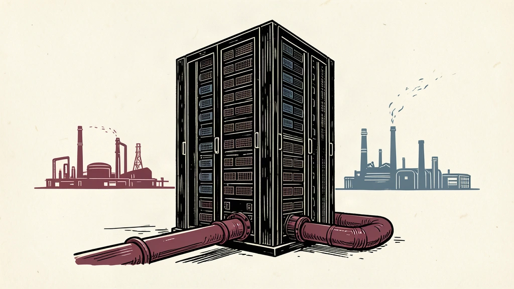 An editorial illustration showing a large server rack connected to a thick natural gas pipeline, towering over two smaller industrial silhouettes.