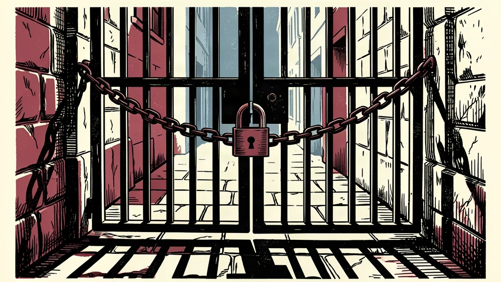A heavy iron gate is tightly secured with a thick chain and a large padlock, representing the extension of restrictive measures.