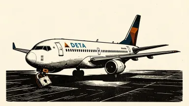 Delta Air Lines delays Atlanta-Riyadh flight: a commercial jet with a Delta tail fin is secured to the tarmac by a large padlock on its landing gear.