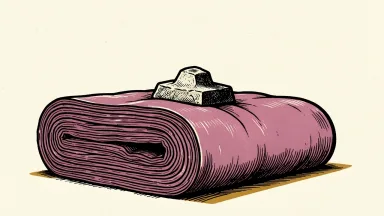 Owens Corning downgraded by RBC Capital Markets: a heavy stone weight rests on a roll of pink fiberglass insulation.