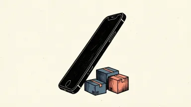 Apple reduces iPhone 18 Pro orders, shown as a smartphone silhouette with tilted shipping boxes suggesting lower demand.