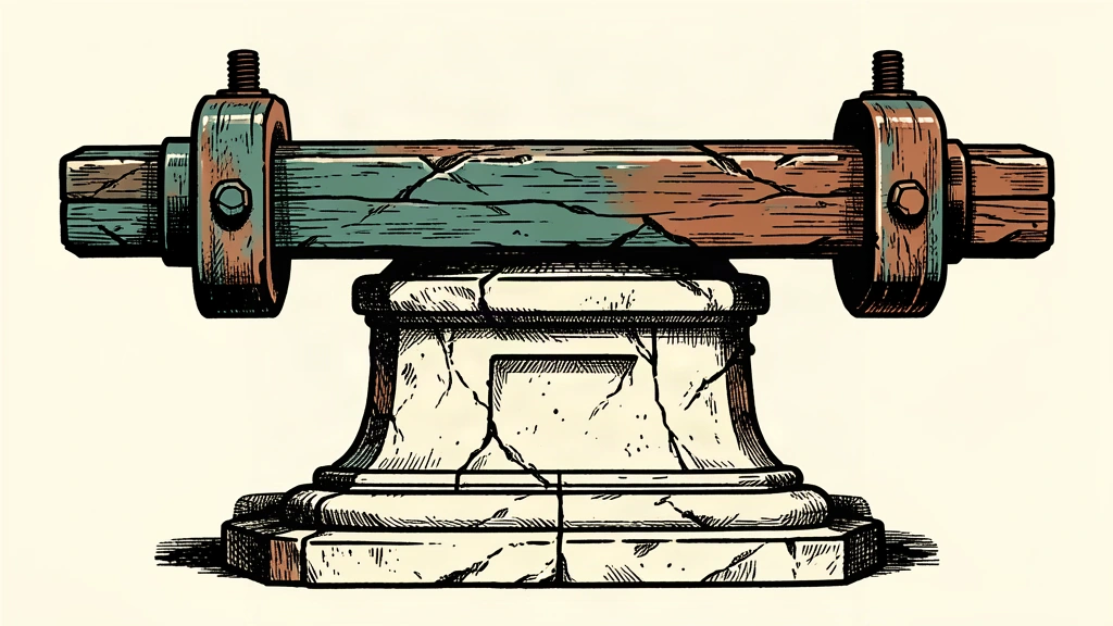 A heavy horizontal beam is bolted into a stone pedestal by thick iron clamps, representing a unanimous decision to keep interest rates unchanged.