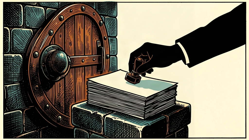 An editorial illustration of a bank vault door opening to reveal a stack of bonds being stamped, representing a central bank auction.