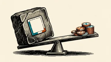 Meta's Muse AI profitability challenges: a heavy stone block representing high costs outweighs a few small coins on a balance scale.