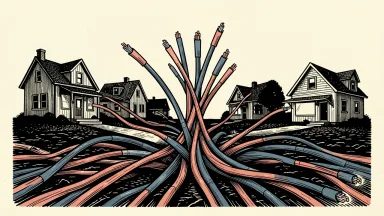 Comcast fiber expansion in Washington County: a bundle of fiber optic cables branching out to connect several house and business silhouettes.