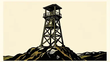 Saudi Civil Defense issues early warning: a sturdy observation tower with a large bell stands vigilant over an intact landscape.