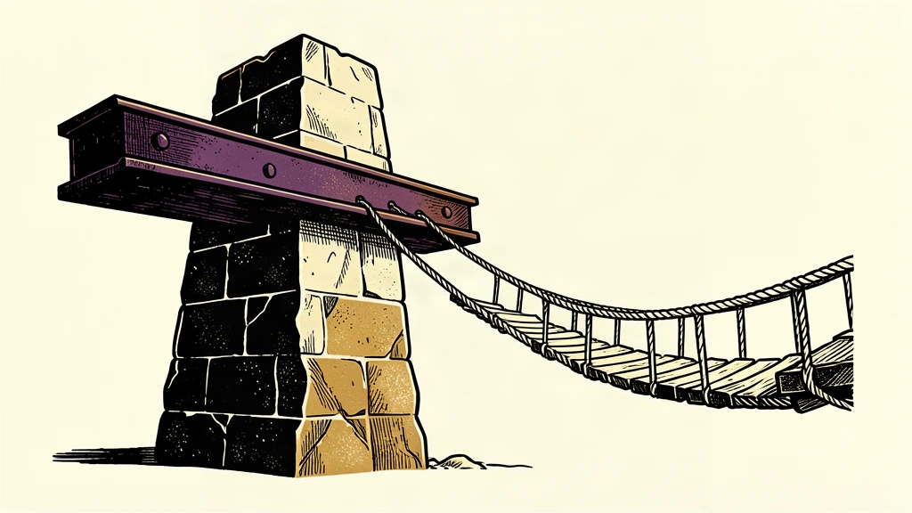 An editorial illustration of a massive stone monolith resisting a heavy iron beam while a thin rope bridge hangs slackly from its side.