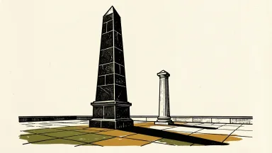 French bond yields rise as protests pressure the budget, shown as a tall dark obelisk overshadowing a smaller upright column.