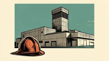 An Intel plant under control following an incident: a stylized fire helmet sits before an intact industrial facility with cleanroom ventilation stacks.