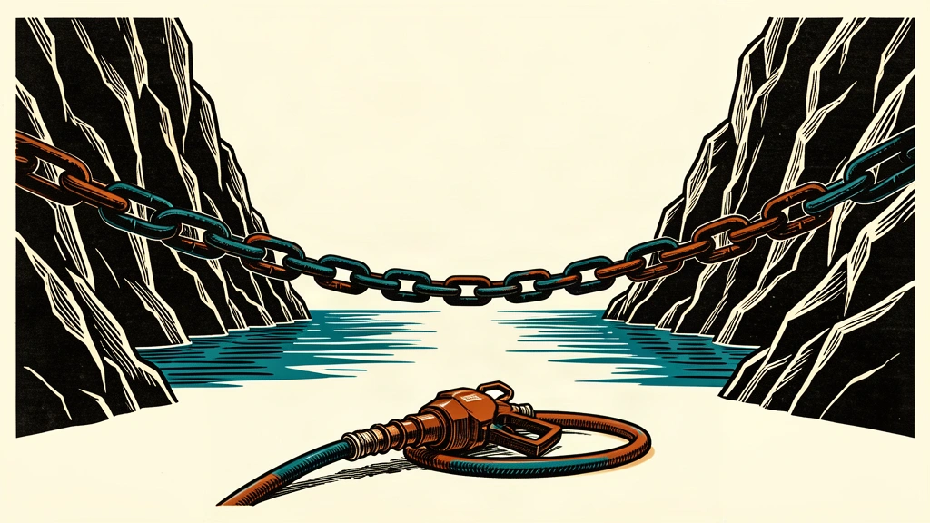 An editorial illustration showing a heavy chain blocking a narrow strait, with a fuel pump nozzle in the foreground, representing high gas prices and supply disruptions.
