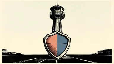 Saudi civil defense warning of a possible threat: a sturdy observation tower stands behind a large protective shield.