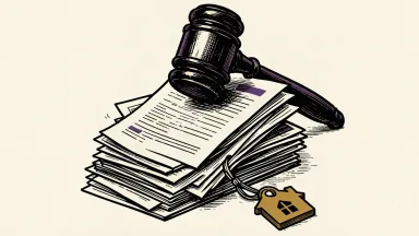 Better Home & Finance facing a class action lawsuit: a legal gavel rests on a collapsing stack of mortgage documents.
