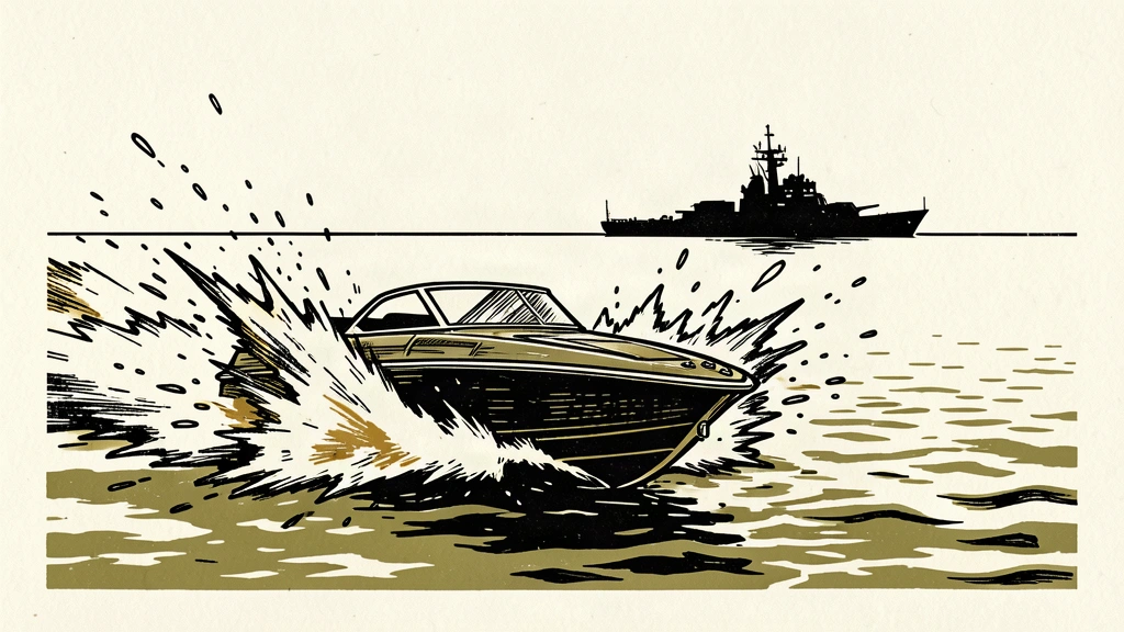 An editorial illustration showing a small boat being struck by a kinetic impact in the open ocean, with a naval silhouette in the distance.