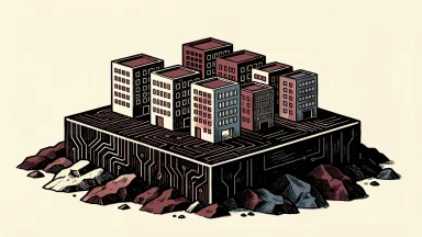 Meta's enterprise platform providing a stable foundation for businesses: a large digital-patterned block supporting a row of office buildings on uneven terrain.