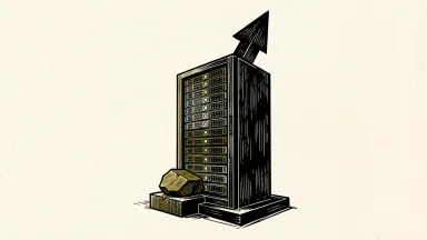 CoreWeave AI infrastructure supported by a bullish analyst outlook: a server rack with a large upward arrow rising behind it.