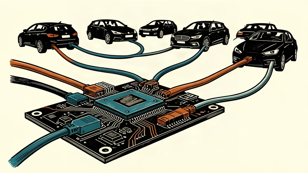 An illustration of a central automotive AI chip and circuit board extending multiple data cables to a fleet of different vehicle silhouettes.