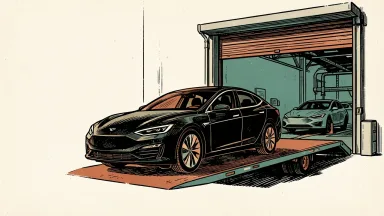 Lucid deliveries outpace production: a sleek electric sedan on a transport trailer moving away from a factory where production has slowed.