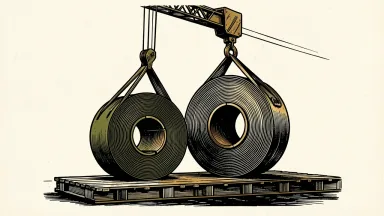 Worthington Steel acquisition of Klöckner & Co: a large industrial steel coil being lowered by a crane hook next to another coil on a flatbed.