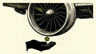 An illustration of a large jet engine with a single coin falling from its rim into a waiting hand.
