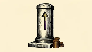 Goldman Sachs CEO reports second-highest quarterly net revenue; a stone column with an upward arrow and a stack of gold coins.