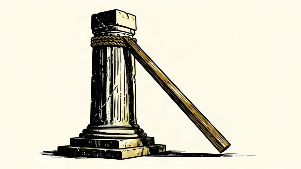 A conceptual illustration of a currency's decline, showing a heavy vertical pillar and a downward-sloping beam connected by a taut rope.