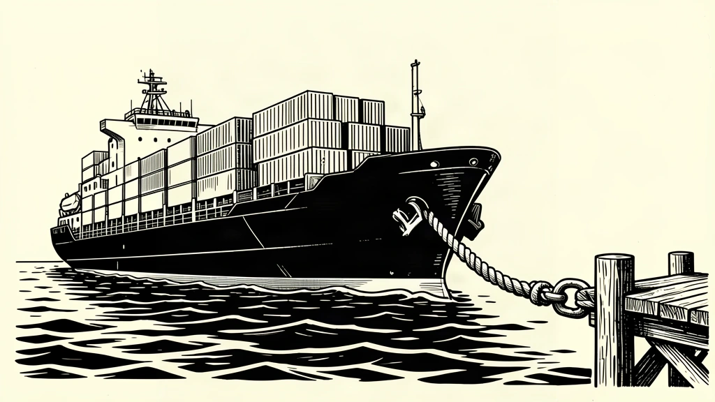 A large cargo ship is tethered to a dock by a thick, reinforced security cable, representing a trade and security partnership.