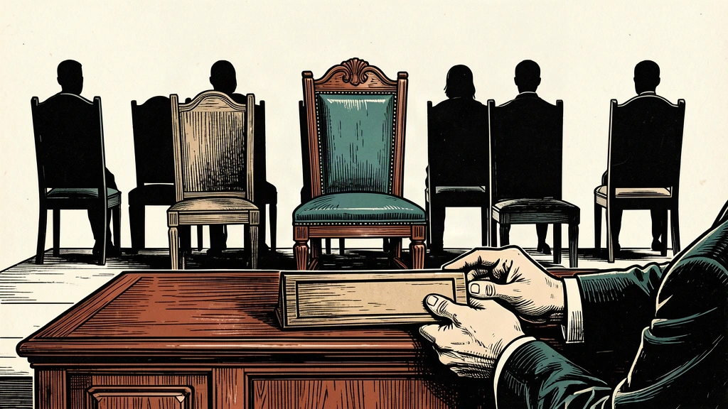 A row of formal cabinet chairs with one central chair pulled forward and highlighted, representing a government reshuffle.