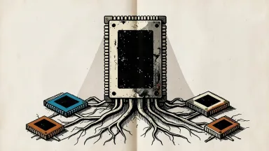 A large central computer chip acts as a hub, with thick black lines connecting it to a field of smaller tech components on an ivory background.
