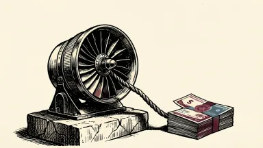 TransDigm Group refinancing debt: a large aerospace turbine connected by a heavy cable to a stack of bond certificates on a stone base.