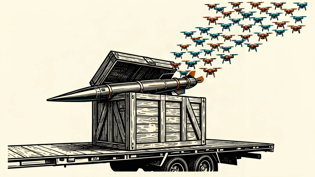 A large shipping crate containing a defensive missile is surrounded by a rising swarm of small drones.