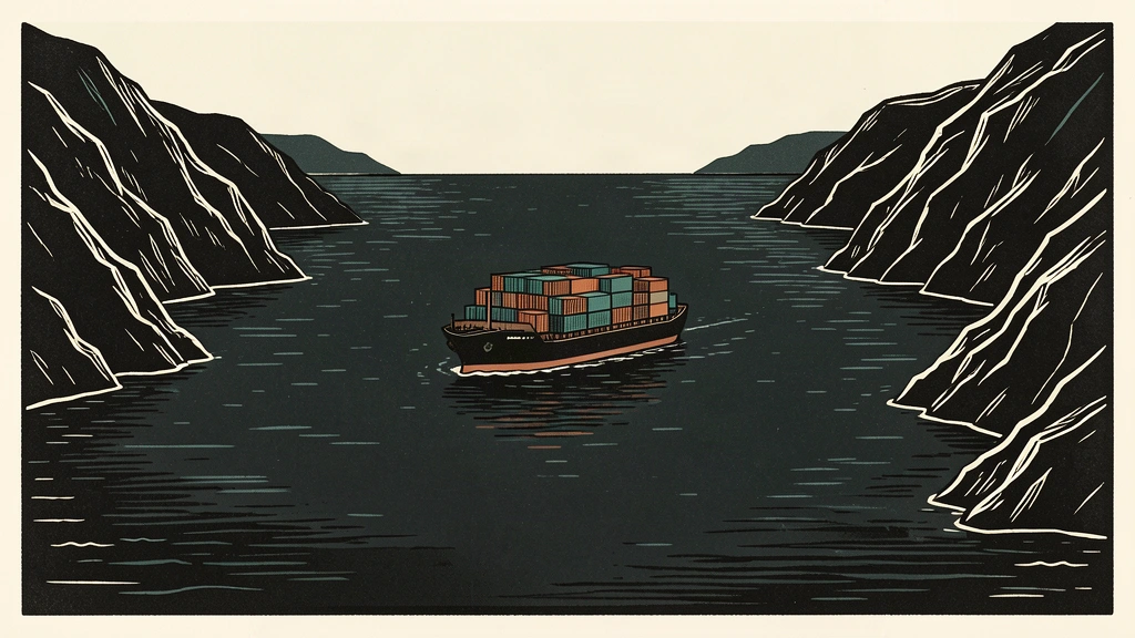A single cargo ship sits in a narrow, dark strait between two landmasses, surrounded by empty water.