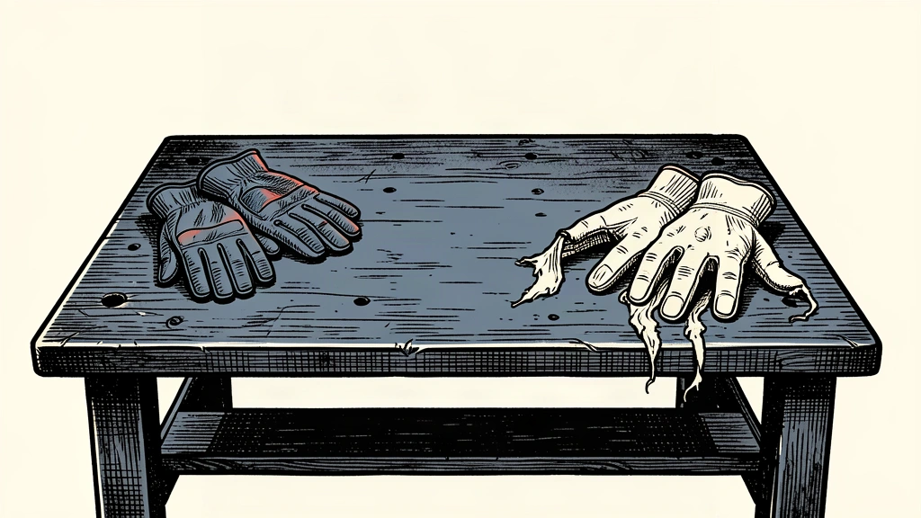 An editorial illustration of a workbench with one pair of intact work gloves and one pair of frayed gloves, representing mixed labor market expectations.