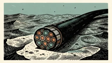 An editorial illustration showing a cross-section of a massive transatlantic fiber-optic cable on the ocean floor, its multiple inner cores glowing with accent colors as it extends into the deep sea.