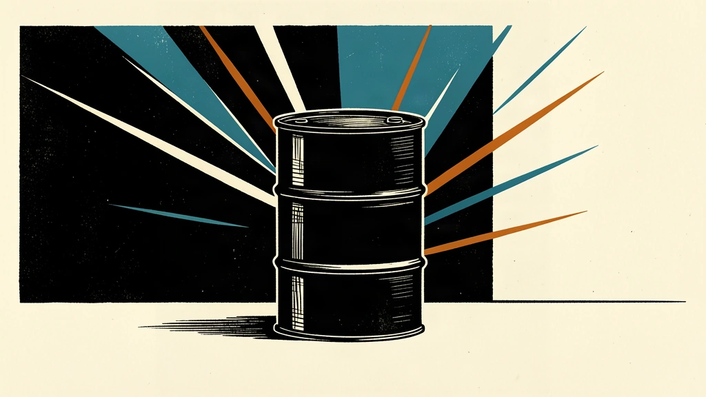 An editorial illustration of a black oil barrel standing stable behind a protective barrier against sharp light beams.