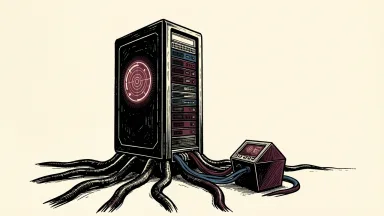 Oracle NetSuite launches AI-first quickstart: a large server tower with a circular AI icon on its face, connected by thick cables to a smaller terminal.