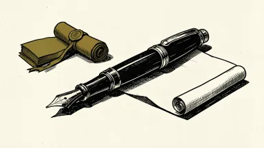 Live Nation Entertainment leadership transition: a large fountain pen rests between a sealed legal scroll and a new unfurling document on a stage.