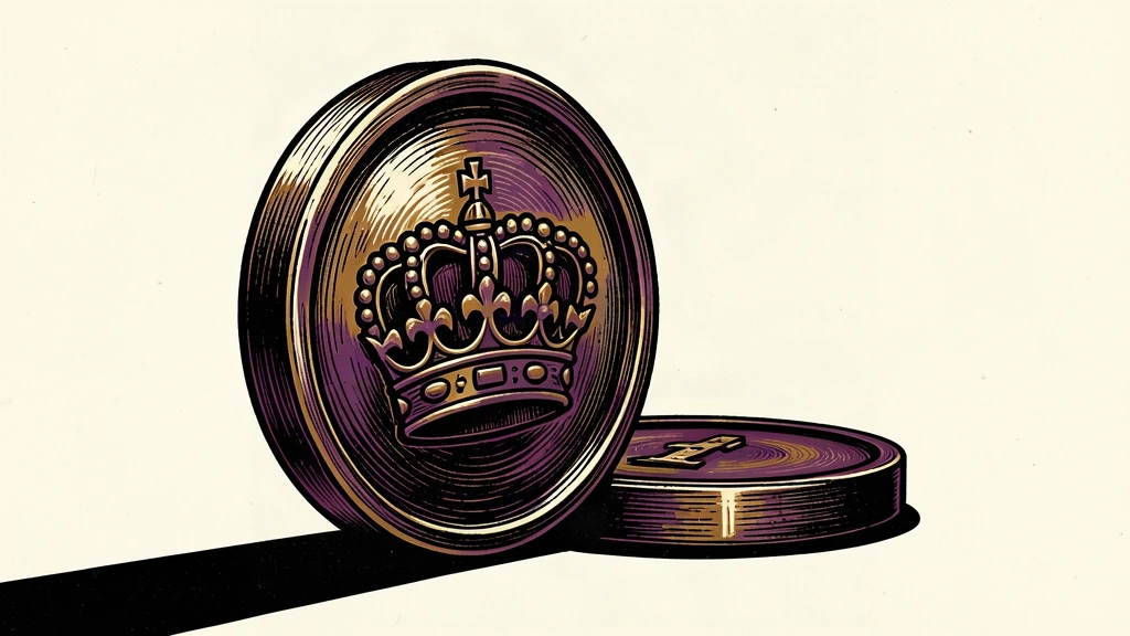 A large, upright coin with a crown motif looms over a smaller, flat coin that is sliding away into shadow.