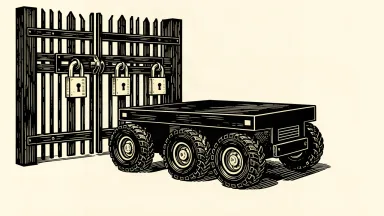VisionWave unmanned ground vehicle order stalled by conditions: a six-wheeled robotic vehicle sits behind a gate secured by three large padlocks.