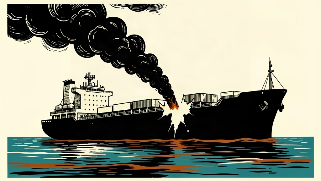 An editorial illustration of a damaged cargo ship with a dark smoke plume rising from a hole in its side.