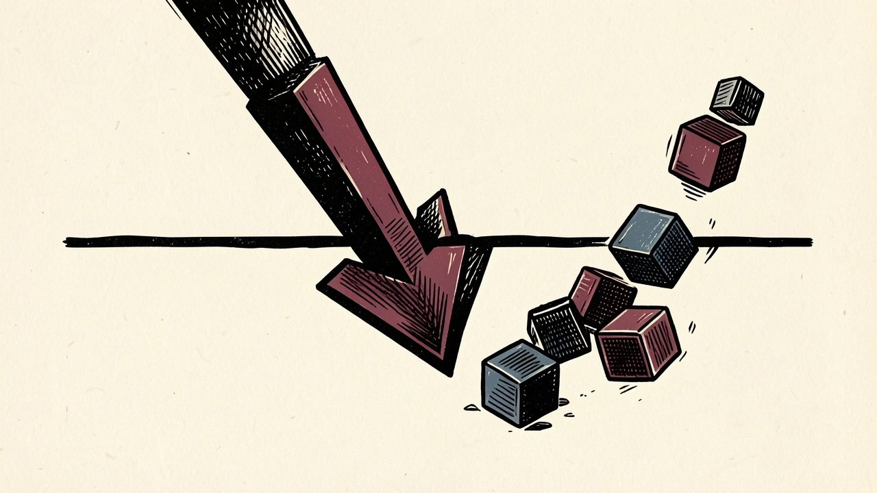 A downward arrow breaks a horizontal line, with a group of tilted blocks sinking nearby, illustrating falling indexes and AI stocks.