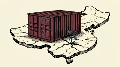 China's economy: a shipping container on cracked land with a wilting plant.