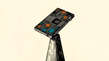 Micron memory and storage supply tightening: a large memory module balanced on a narrow pedestal against a wide ivory background.