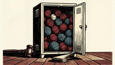 DICK'S Sporting Goods facing a securities fraud lawsuit: a gavel rests before a locker overflowing with basketballs.