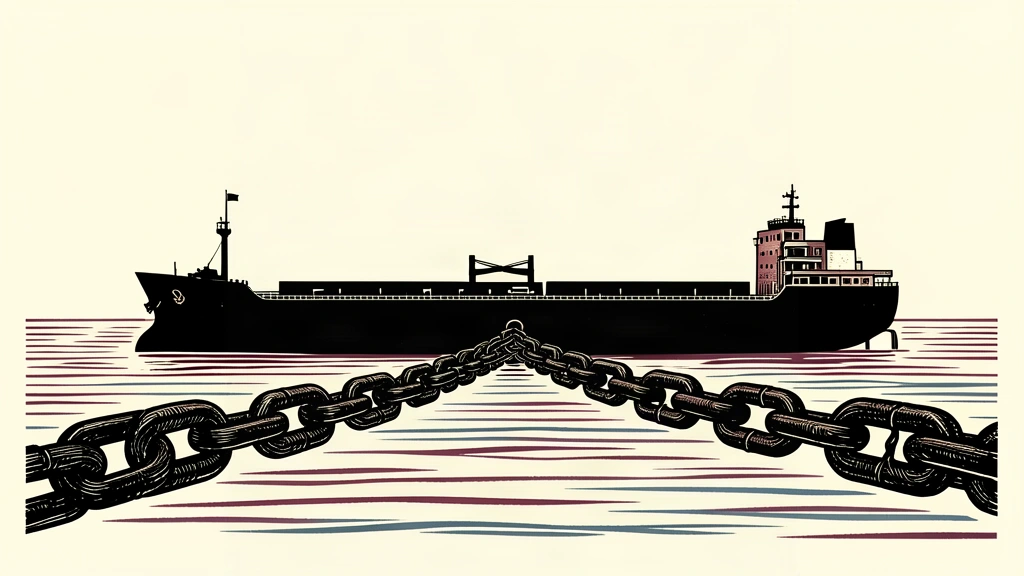 An editorial illustration showing a large oil tanker blocked by a heavy chain across a narrow channel, representing export constraints.