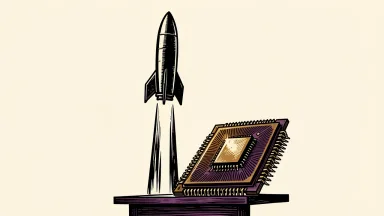 SpaceX and Nvidia reach record highs: a stylized rocket ascends next to a large semiconductor chip on a clean ivory background.