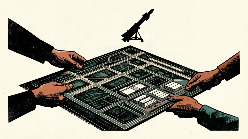 An editorial illustration showing a satellite photo of an air base being passed between hands, with a missile launcher silhouette in the background.