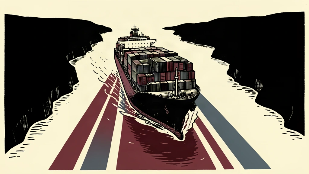 An editorial illustration showing a cargo ship navigating between two landmasses along two distinct, glowing paths on the water.