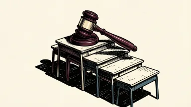 Lincoln Educational Services facing a class action lawsuit: a legal gavel rests atop a descending row of empty student desks.