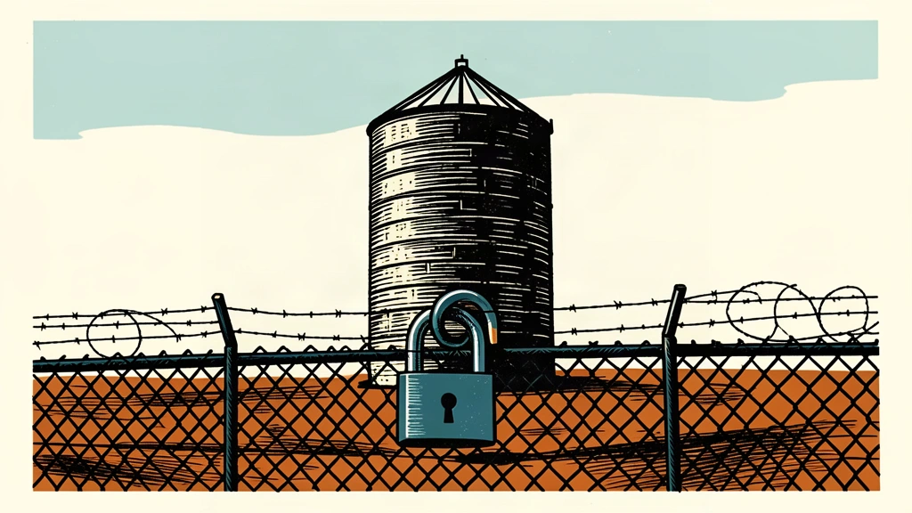 An editorial illustration showing a large oil silo behind a heavy foreground fence, representing the consideration of military support for infrastructure protection.